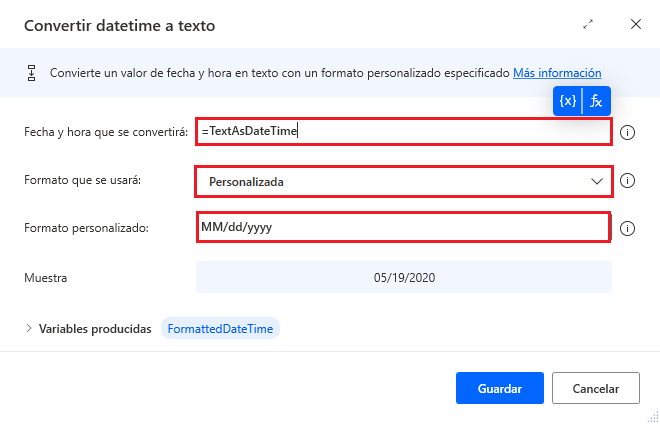 Captura de pantalla de la acción Convertir datetime a texto.