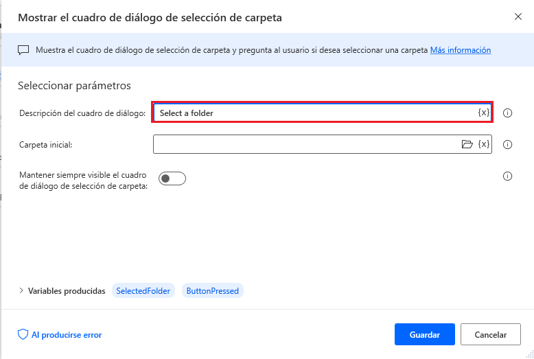 Captura de pantalla del cuadro de diálogo de la acción Mostrar el cuadro de diálogo de selección de carpeta.