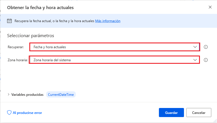 Captura de pantalla del cuadro de diálogo de la acción Obtener la fecha y hora actuales.