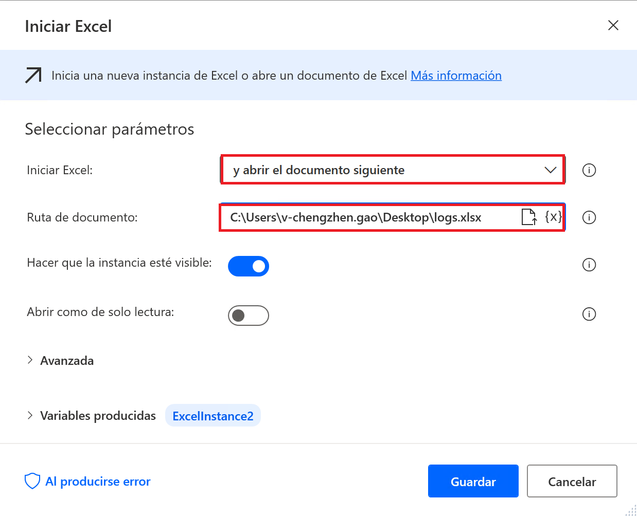 Captura de pantalla del cuadro de diálogo de la acción Iniciar Excel.