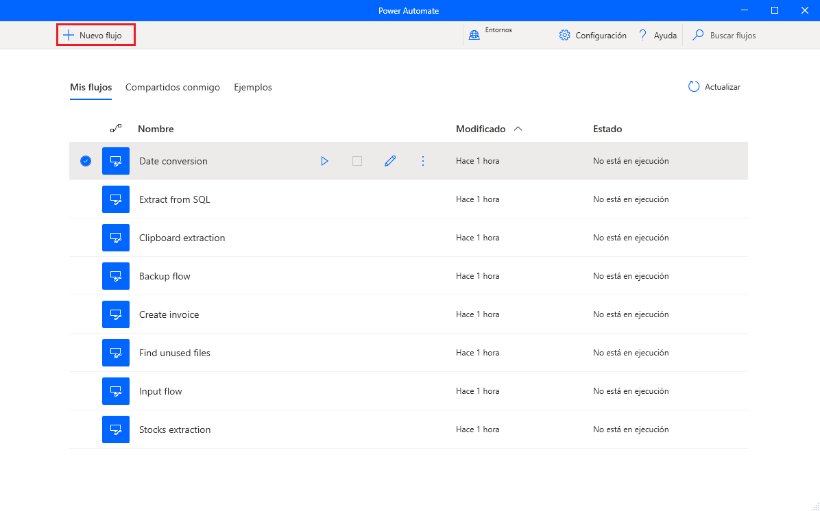 Captura de pantalla del botón Nuevo flujo en la consola.