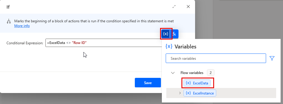 Captura de pantalla del icono de variable y la lista de variables.