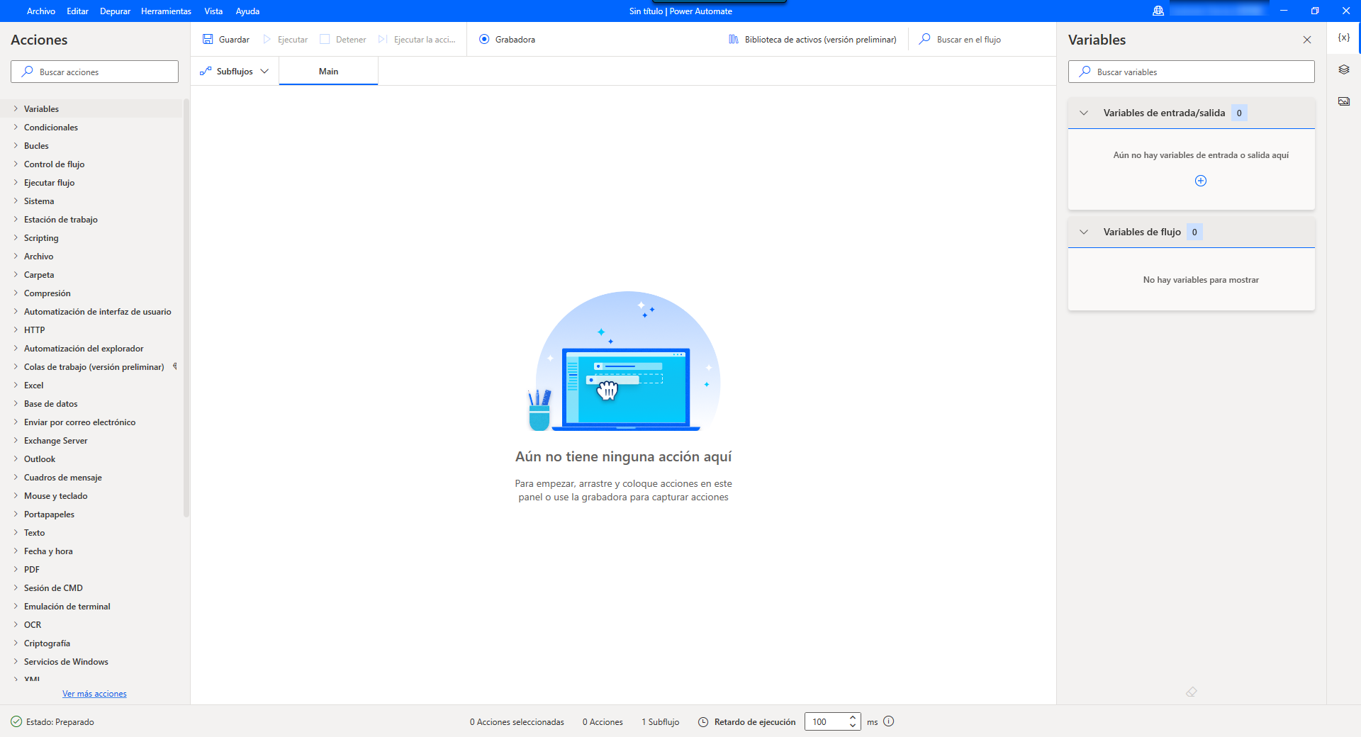 Captura de pantalla del diseñador de flujos sin acciones agregadas todavía.