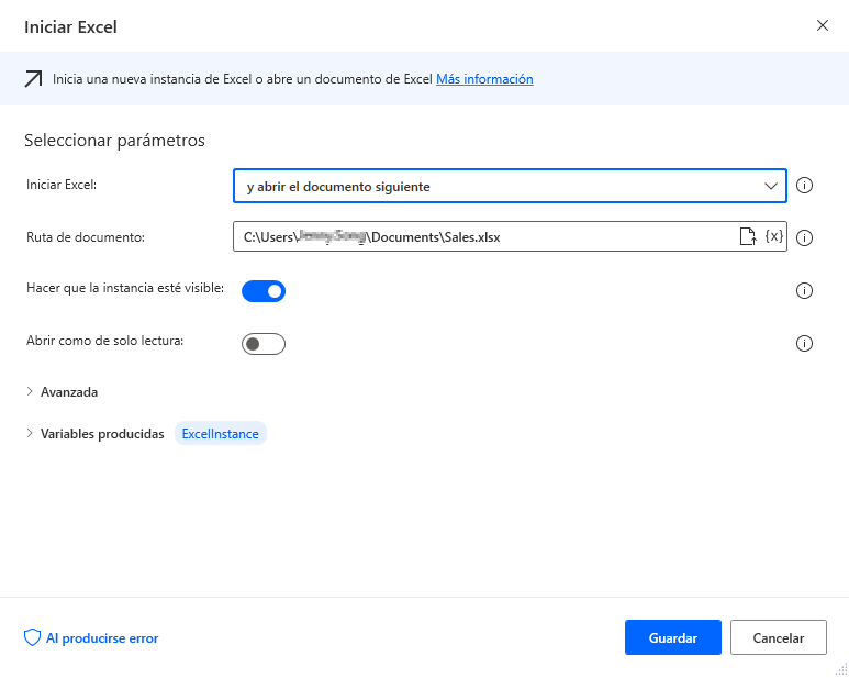 Captura de pantalla del cuadro de diálogo de propiedades de la acción Iniciar Excel