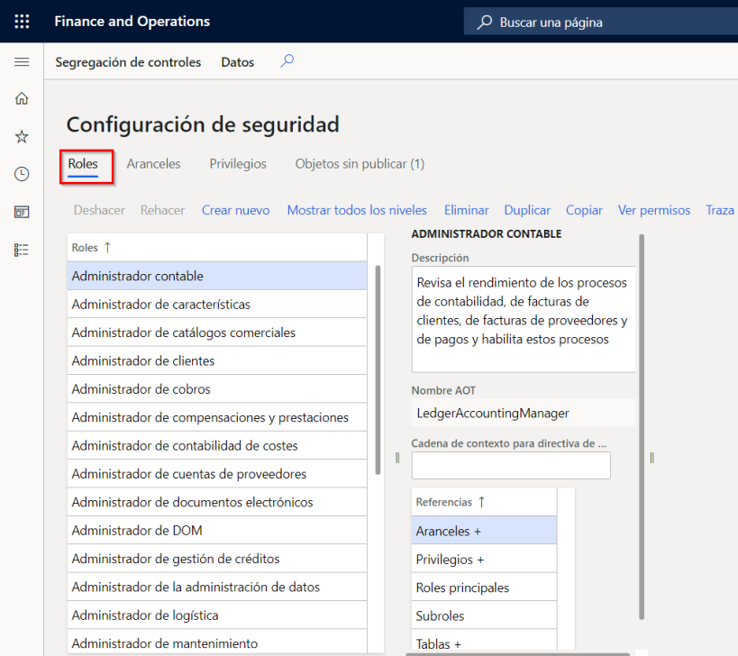 Captura de pantalla de la página de configuración con los roles resaltados.