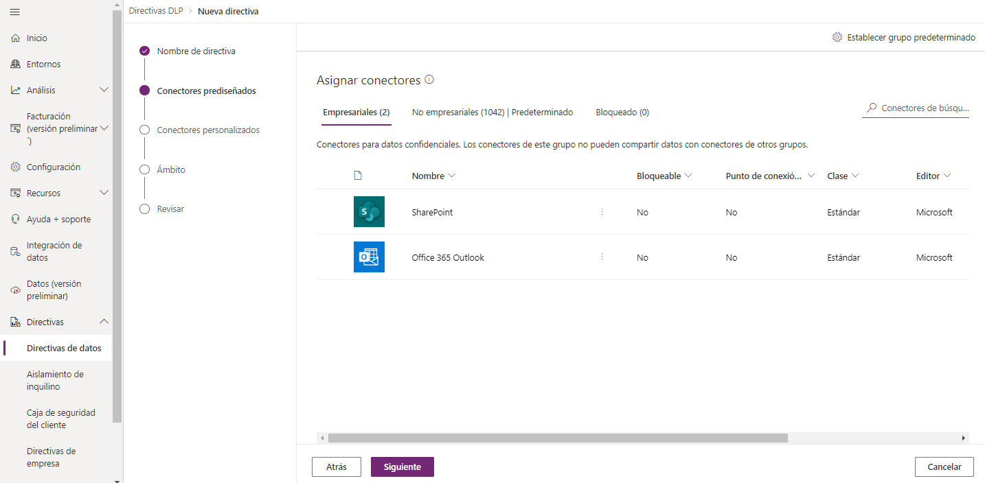 Captura de pantalla de la página de directivas de datos de Power Automate.