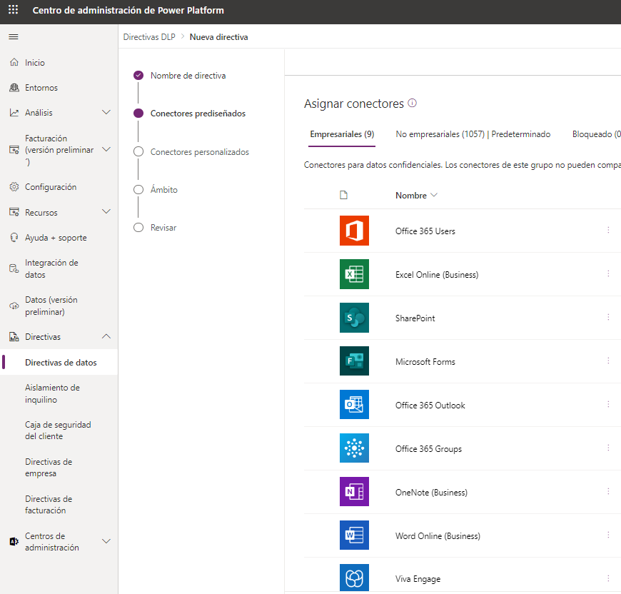 Captura de pantalla del Centro de administración de Microsoft Power Platform con conectores adicionales