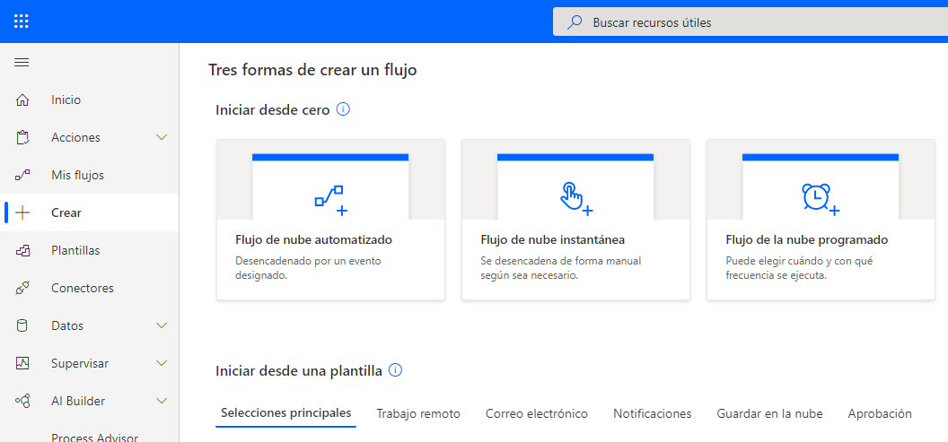 Captura de pantalla de la página de creación que muestra tres formas de realizar un flujo.