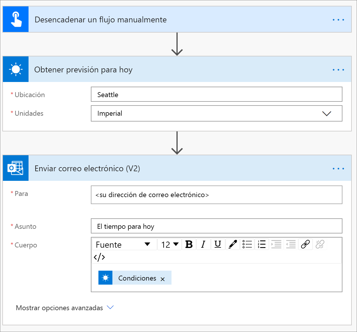 Captura de pantalla de las acciones Obtener previsión para hoy y Enviar un mensaje de correo electrónico.