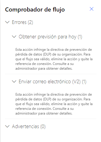 Captura de pantalla del Comprobador de flujo que muestra dos errores y ninguna advertencia