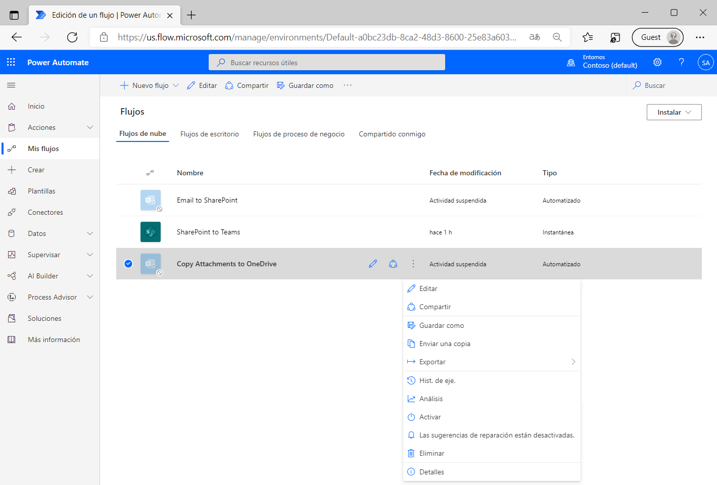Captura de pantalla del flujo Power Automate activado.