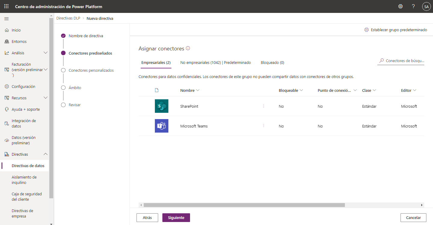 Captura de pantalla de configuración de la directiva de Prevención de pérdida de datos.