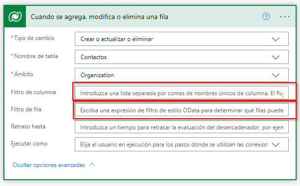 Captura de pantalla del conector con filtros en el desencadenador