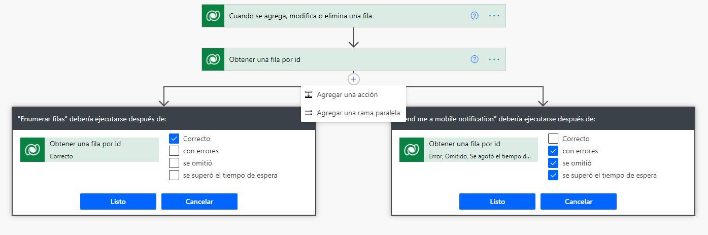 Captura de pantalla que muestra la rama paralela con Ejecutar después