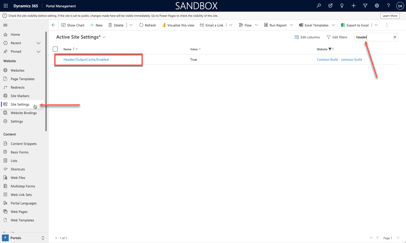 Captura de pantalla de la aplicación Administración del portal con Configuración del sitio seleccionada; se ha localizado la configuración Header OutputCache Enabled.