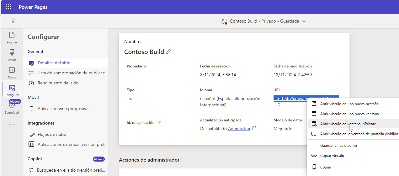 Captura de pantalla del espacio de trabajo Configuración con los detalles del sitio seleccionados. El menú contextual muestra la URL del sitio con la opción Abrir en ventana de InPrivate resaltada.