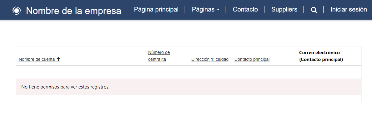 Captura de pantalla del mensaje de error al intentar acceder a la lista de cuentas sin permisos de tabla vigentes.