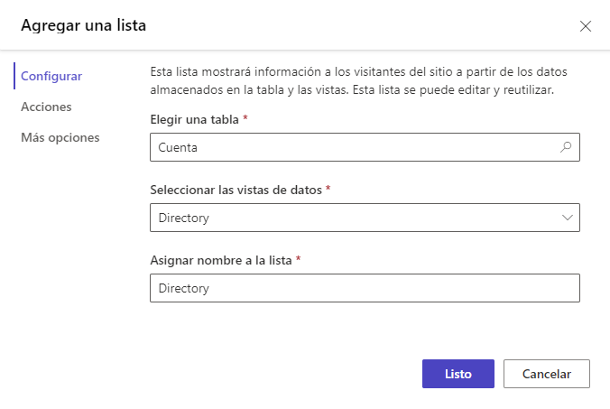 Captura de pantalla del cuadro de diálogo Crear lista con la tabla de cuentas y la vista de directorio seleccionadas