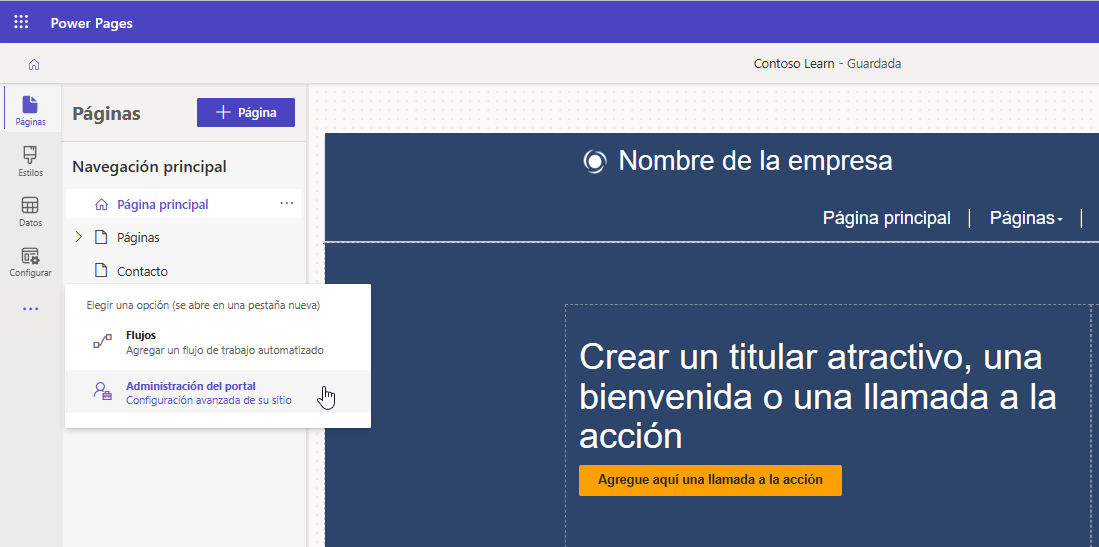 Captura de pantalla del acceso a Administración del portal desde el estudio de diseño de Power Pages.