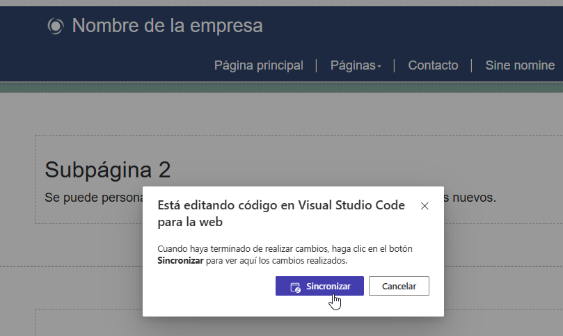 Captura de pantalla de un aviso para sincronizar el contenido de la página después de completar la edición en Visual Studio Code para la web.