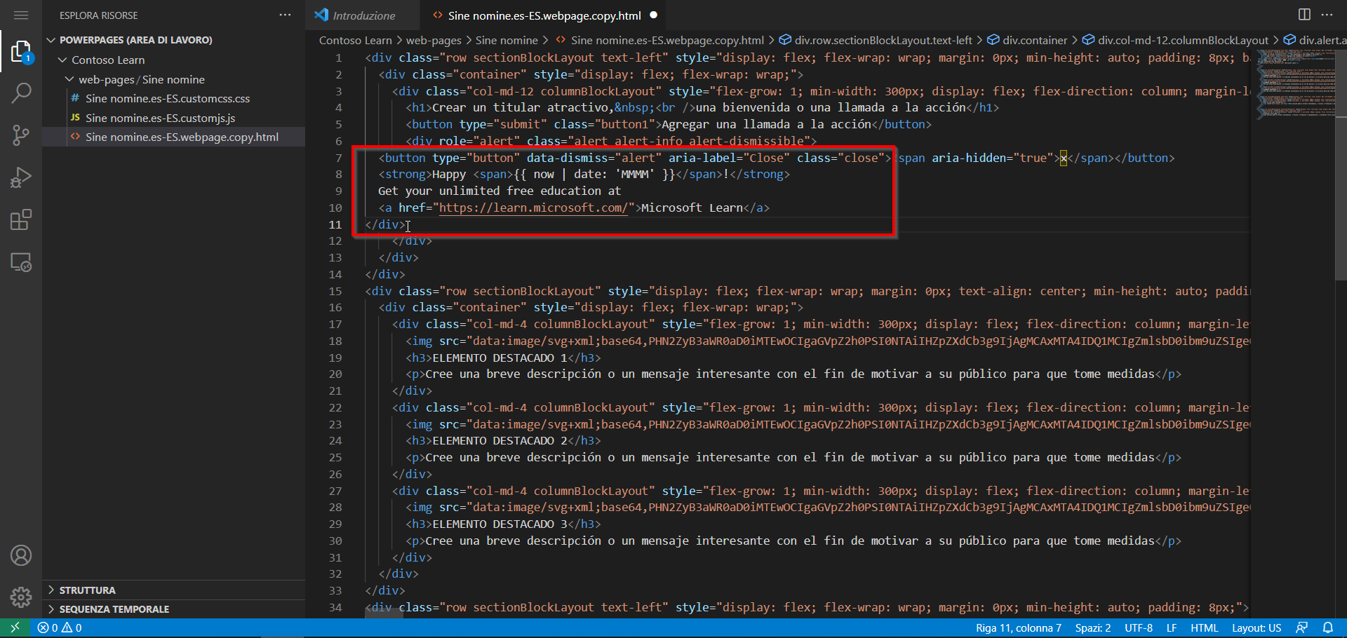 Captura de pantalla del contenido de la página abierta en el editor de Visual Studio Code para la web con el nuevo contenido resaltado.