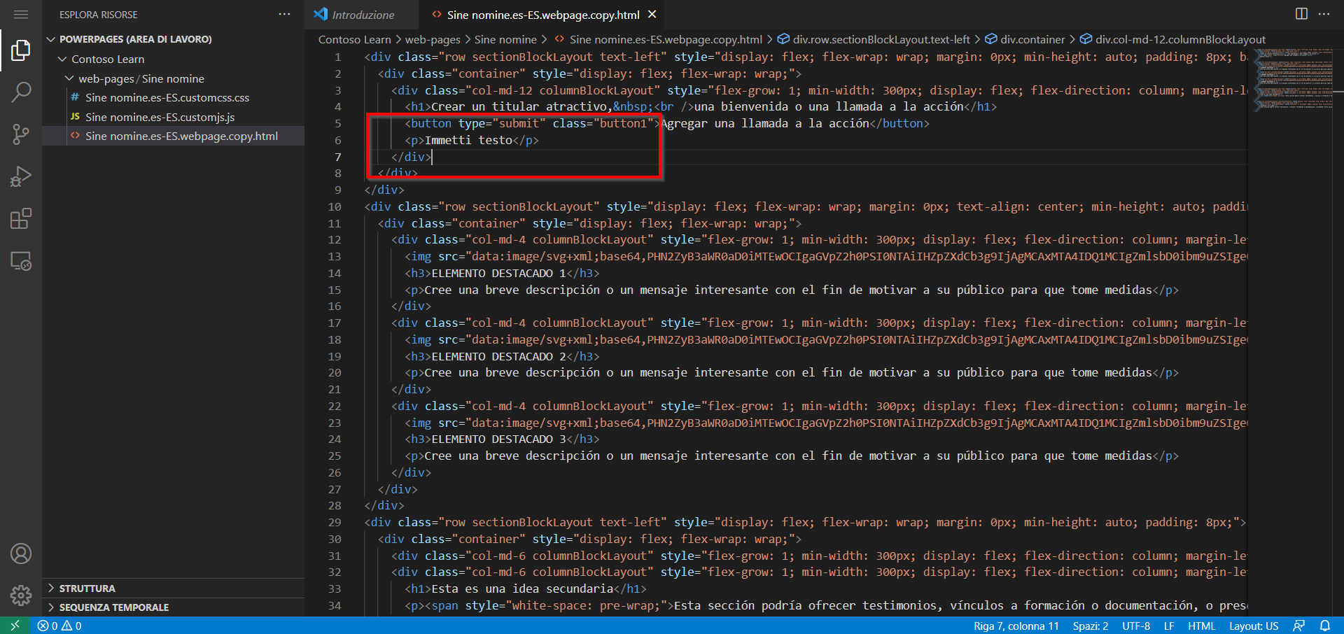 Captura de pantalla del contenido de la página abierta en el editor de Visual Studio Code para la web con un párrafo de texto resaltado.