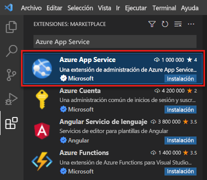 Captura de pantalla de Visual Studio Code en la que se muestra la pestaña Extensiones con la extensión Azure App Service resaltada en los resultados de la búsqueda.