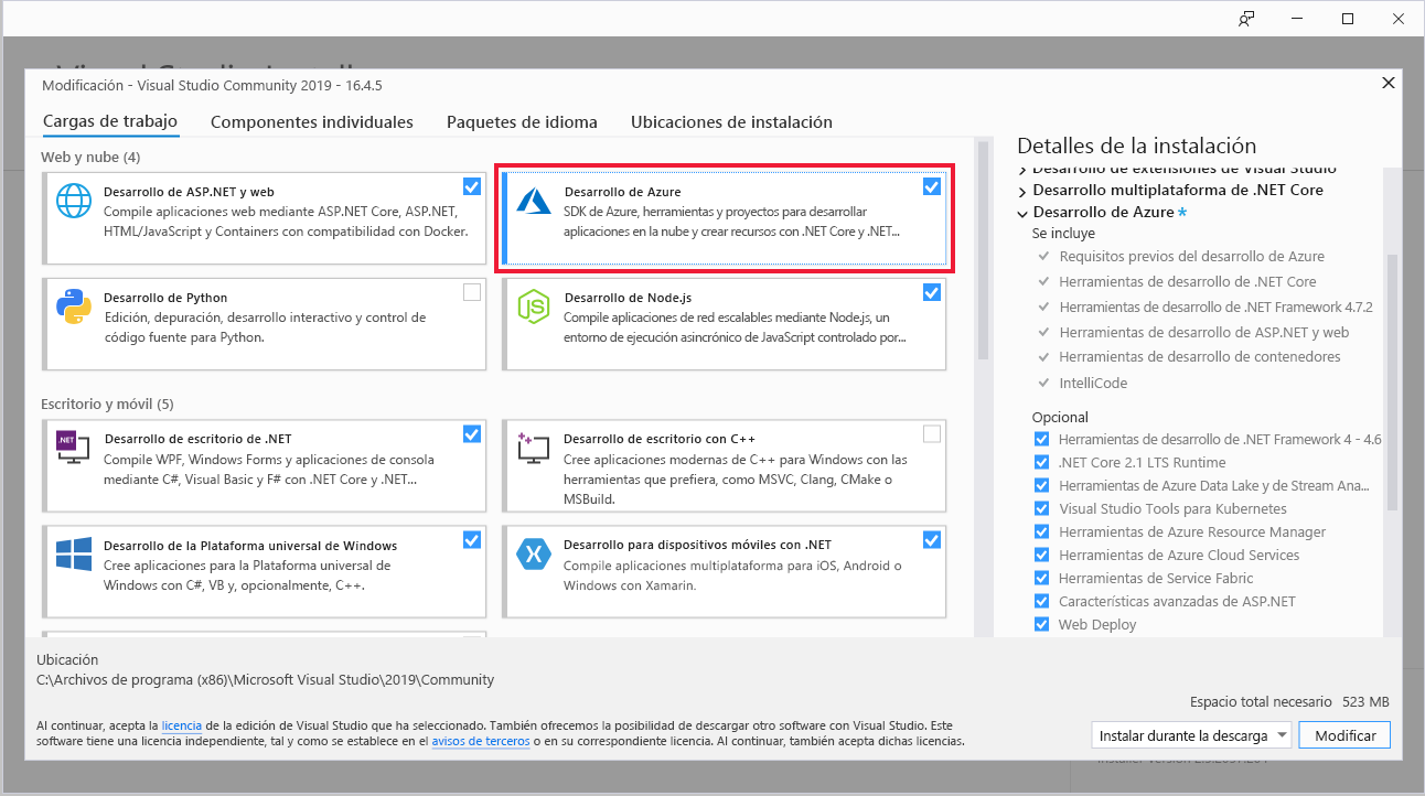 Captura de pantalla de las cargas de trabajo del Instalador de Visual Studio con la opción 