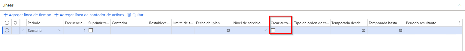 Captura de pantalla de la ficha desplegable Líneas y la casilla Crear automáticamente