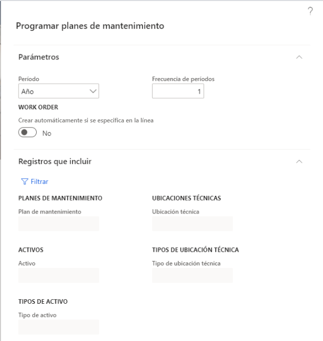 Captura de pantalla de la página Programar planes de mantenimiento