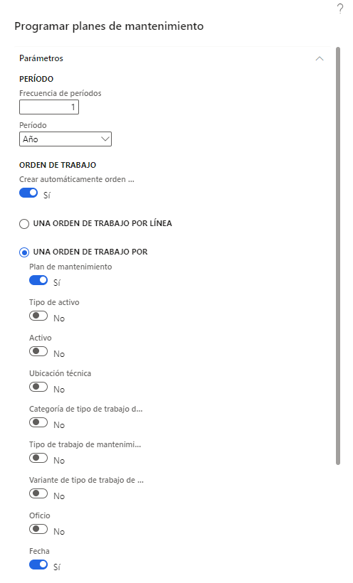 Captura de pantalla del cuadro de diálogo Programar planes de mantenimiento.