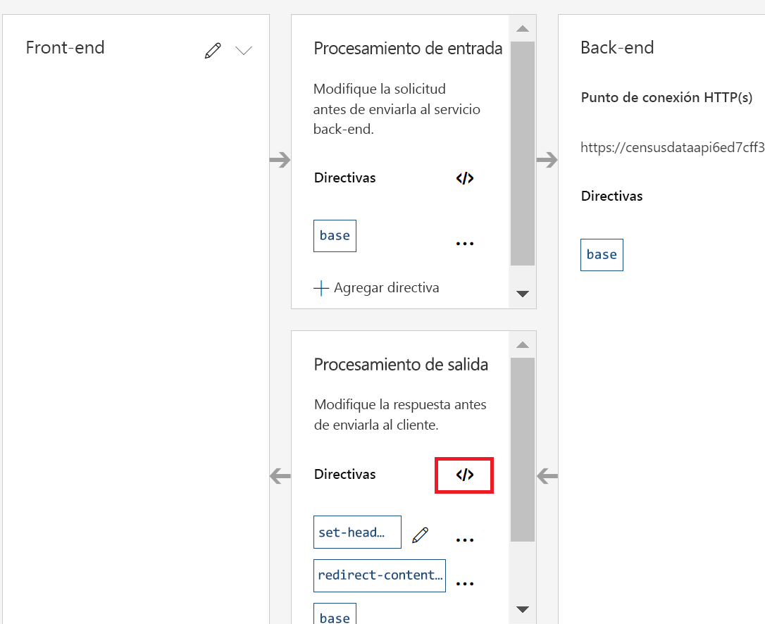 Captura de pantalla de la pestaña Diseño con el icono Directivas resaltado en la sección Procesamiento de salida.