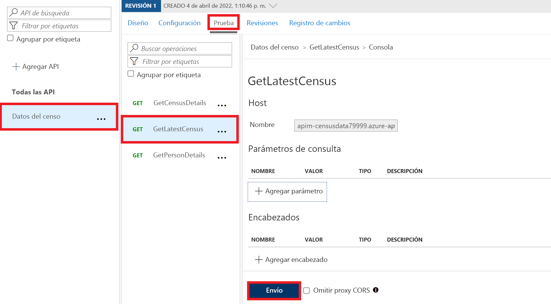 Captura de la pantalla de prueba de la operación GetLatestCensus de Census Data API. El botón Enviar está resaltado.