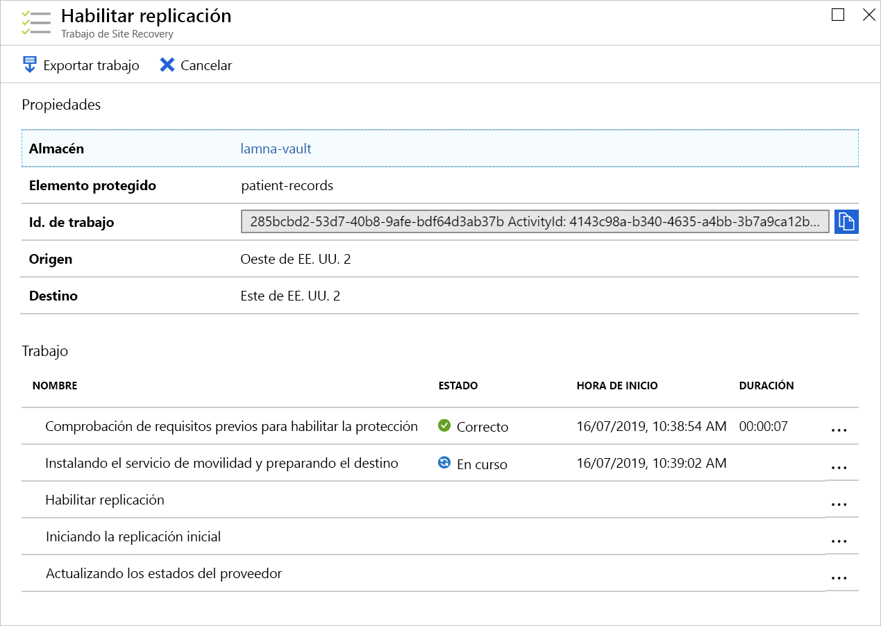 Screenshot of the Enable replication job's progress.