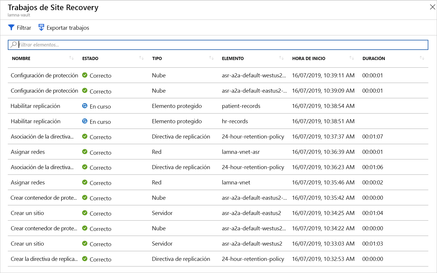 Screenshot of all the Site Recovery jobs.