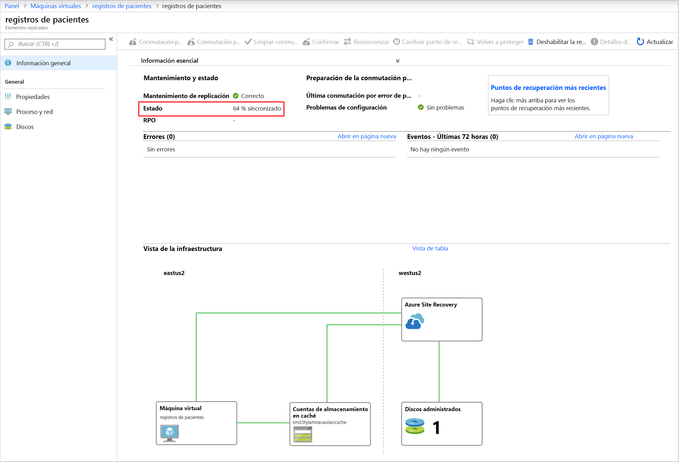 Captura de pantalla en la que se muestra el estado de la máquina virtual patient-records, con el porcentaje de sincronización resaltado.