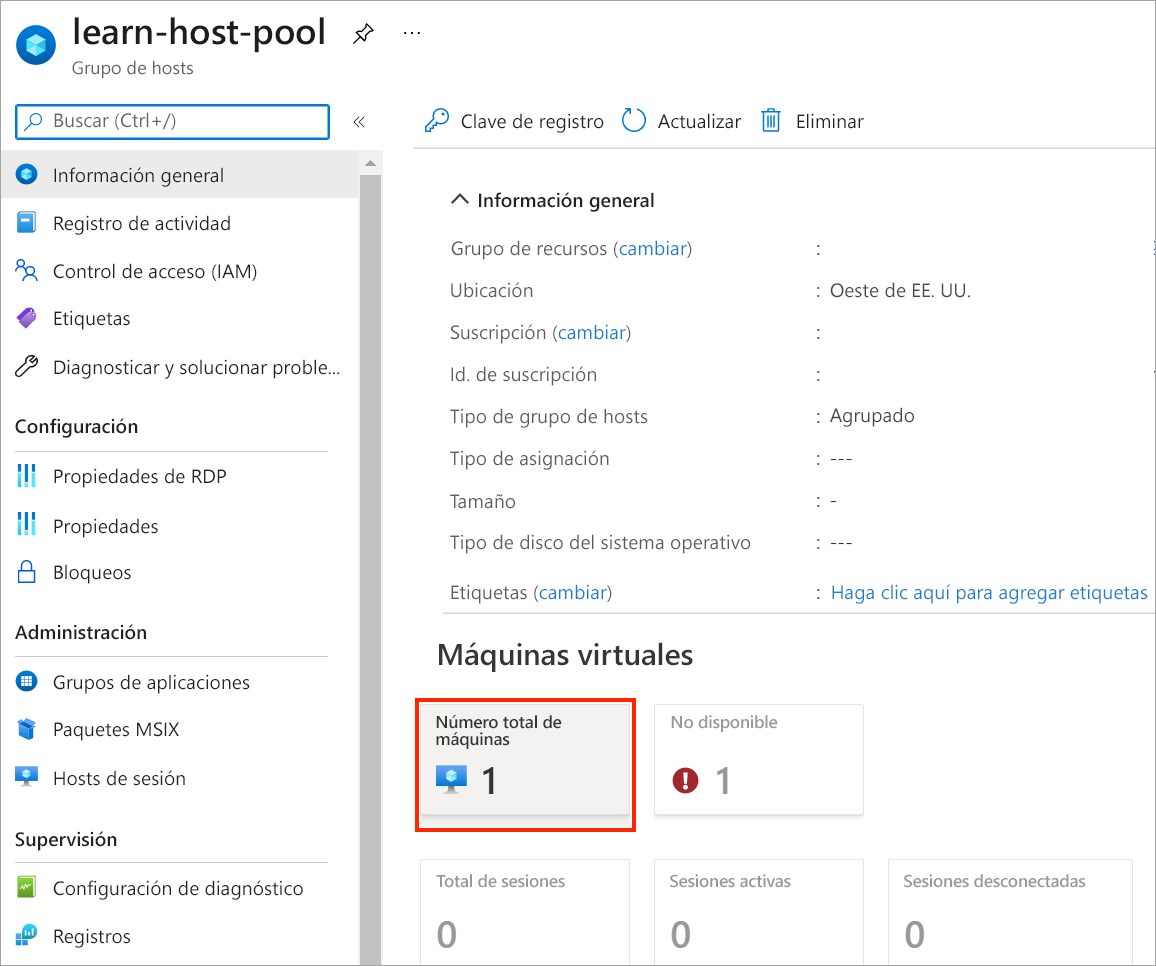 Screenshot that shows the host pool overview page with the total machines button in the center pane.