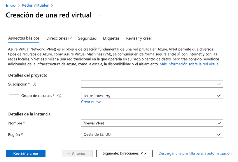 Captura de pantalla que muestra la información que se debe incluir al crear una red virtual.