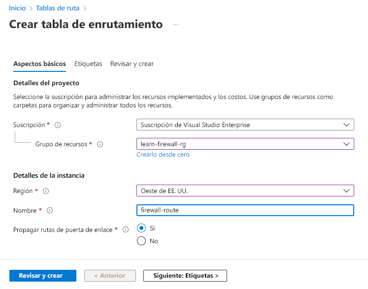 Screenshot that shows the information to include when creating a route table.