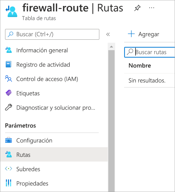 Screenshot that shows the routes option under settings on the firewall route table.