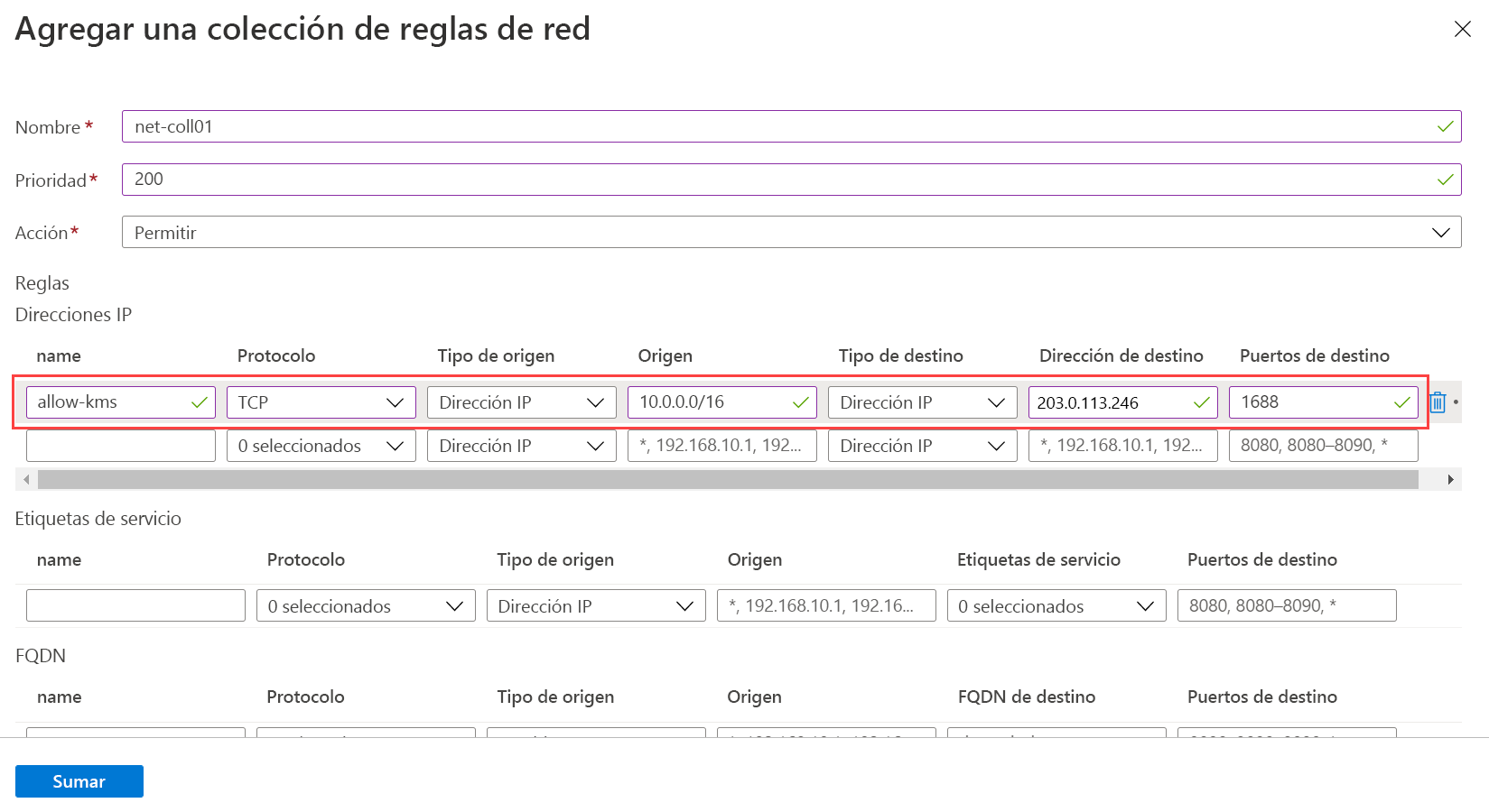 Screenshot that shows the network rule collection form filled out.