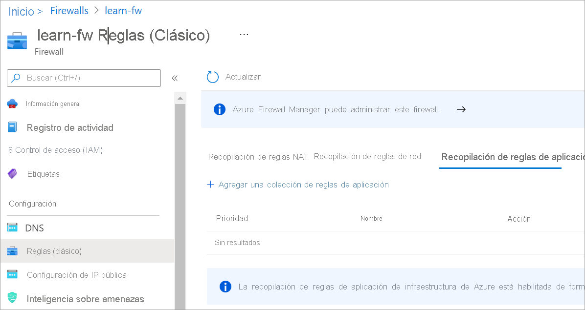 Screenshot that shows the application rule collection tab with the add application rule collection option.