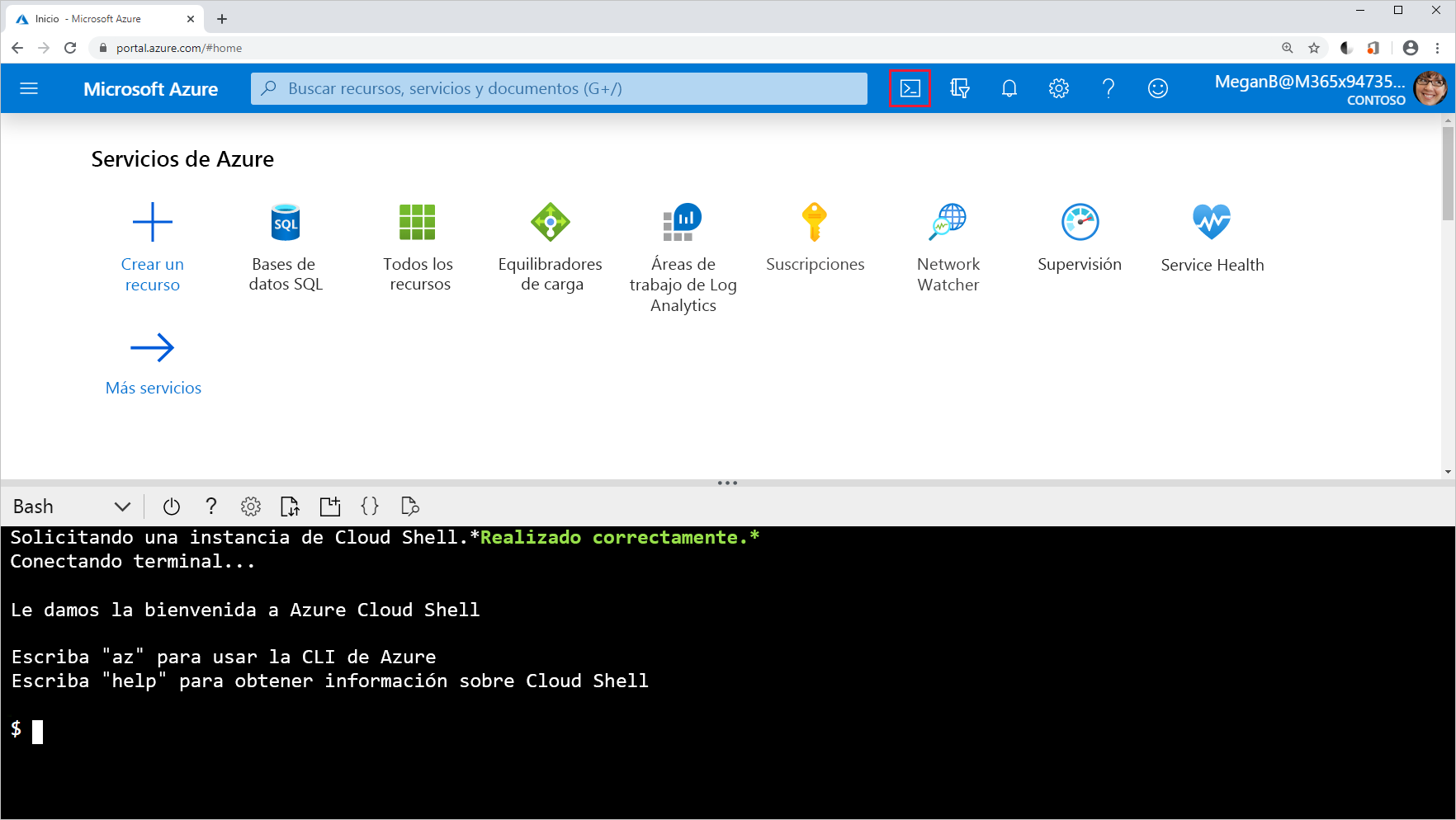 Captura de pantalla del icono de Cloud Shell en Azure Portal.