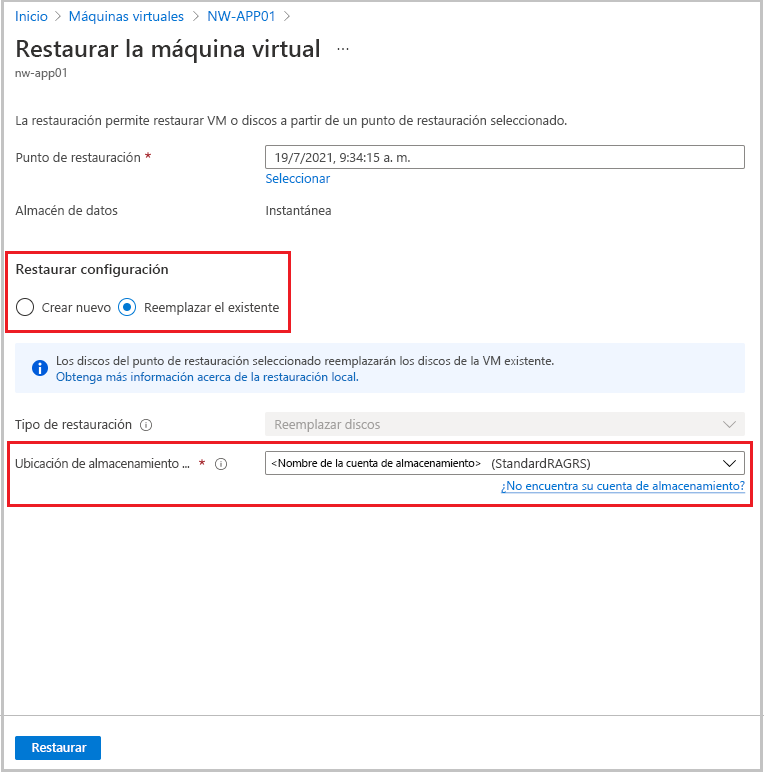 Captura de pantalla en la que se muestran las opciones de configuración de la restauración.