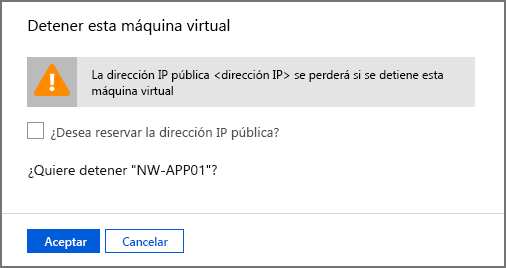 Captura de pantalla del aviso para detener esta máquina virtual.