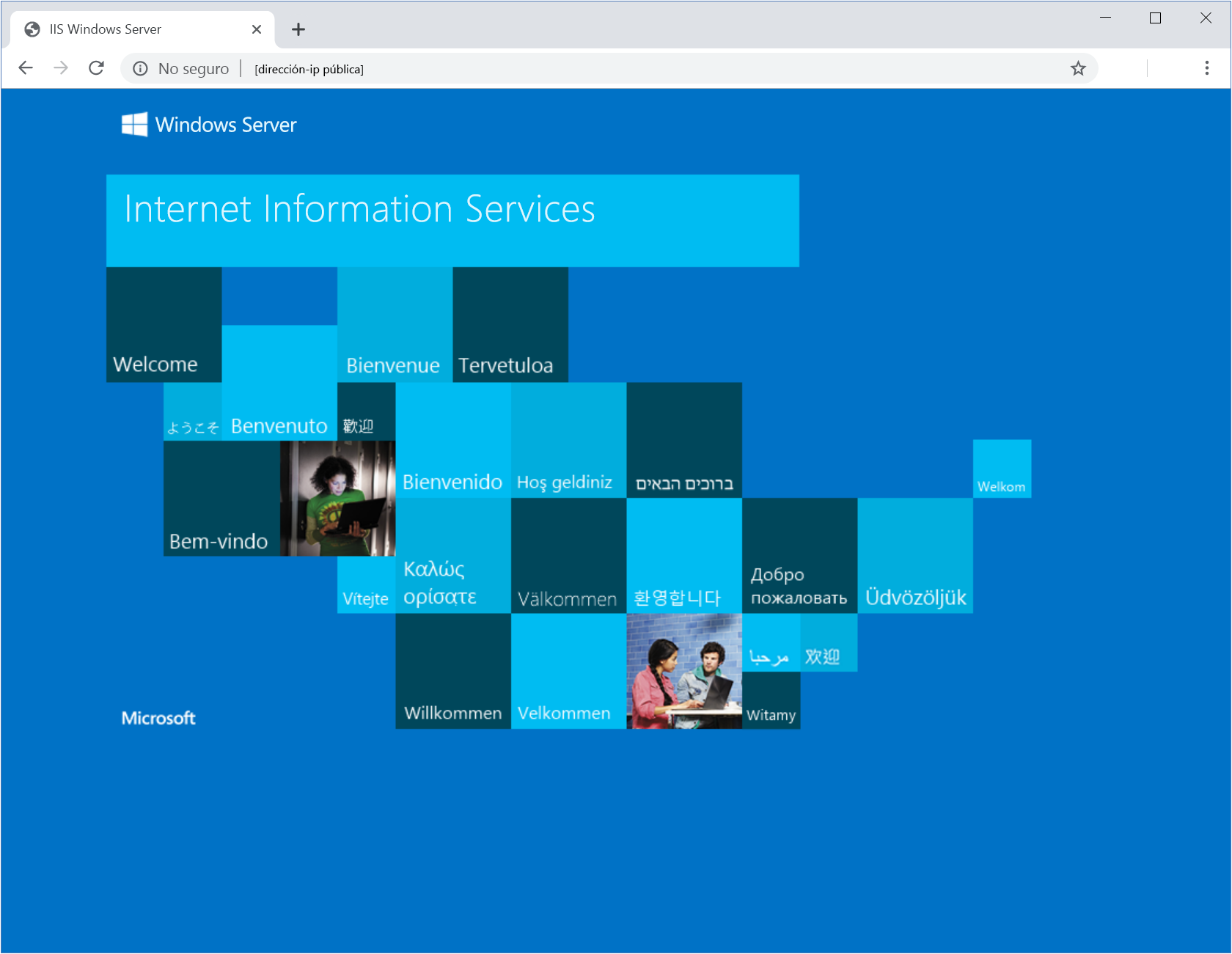 Captura de pantalla del explorador web, en la que se muestra el panel predeterminado de IIS.