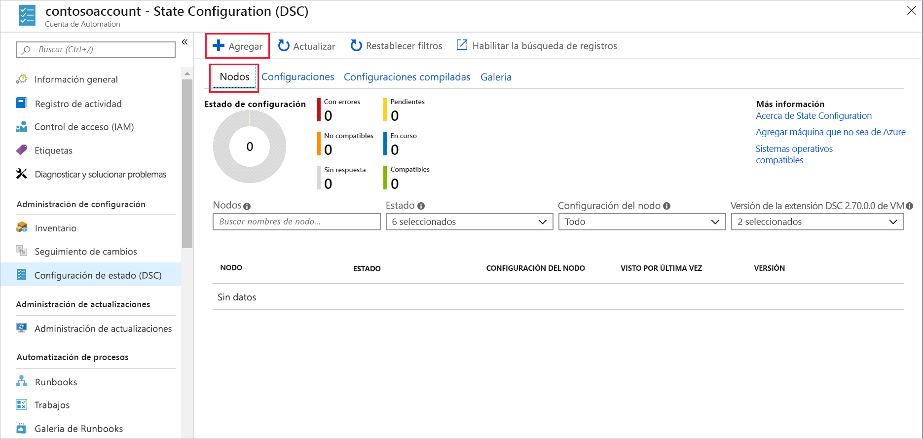 Captura de pantalla de Azure Portal en la que se muestra el panel Nodos.