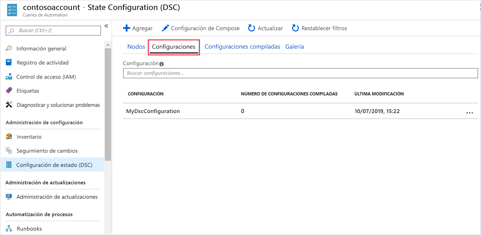 Captura de pantalla de Azure Portal en la que se muestran las configuraciones de estado disponibles en el panel State Configuration (DSC).