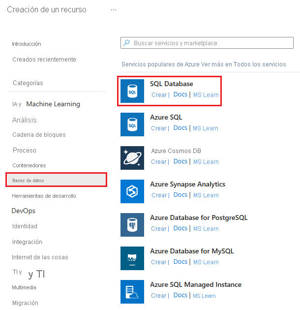 Captura de pantalla en la que se muestra el panel Crear un recurso con Bases de datos en el menú y el servicio de recursos de SQL Database resaltado