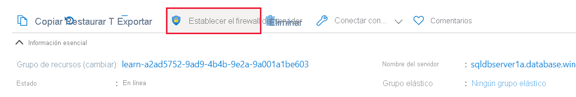 Captura de pantalla en la que se muestra la barra de comandos con Establecer el firewall del servidor resaltado.
